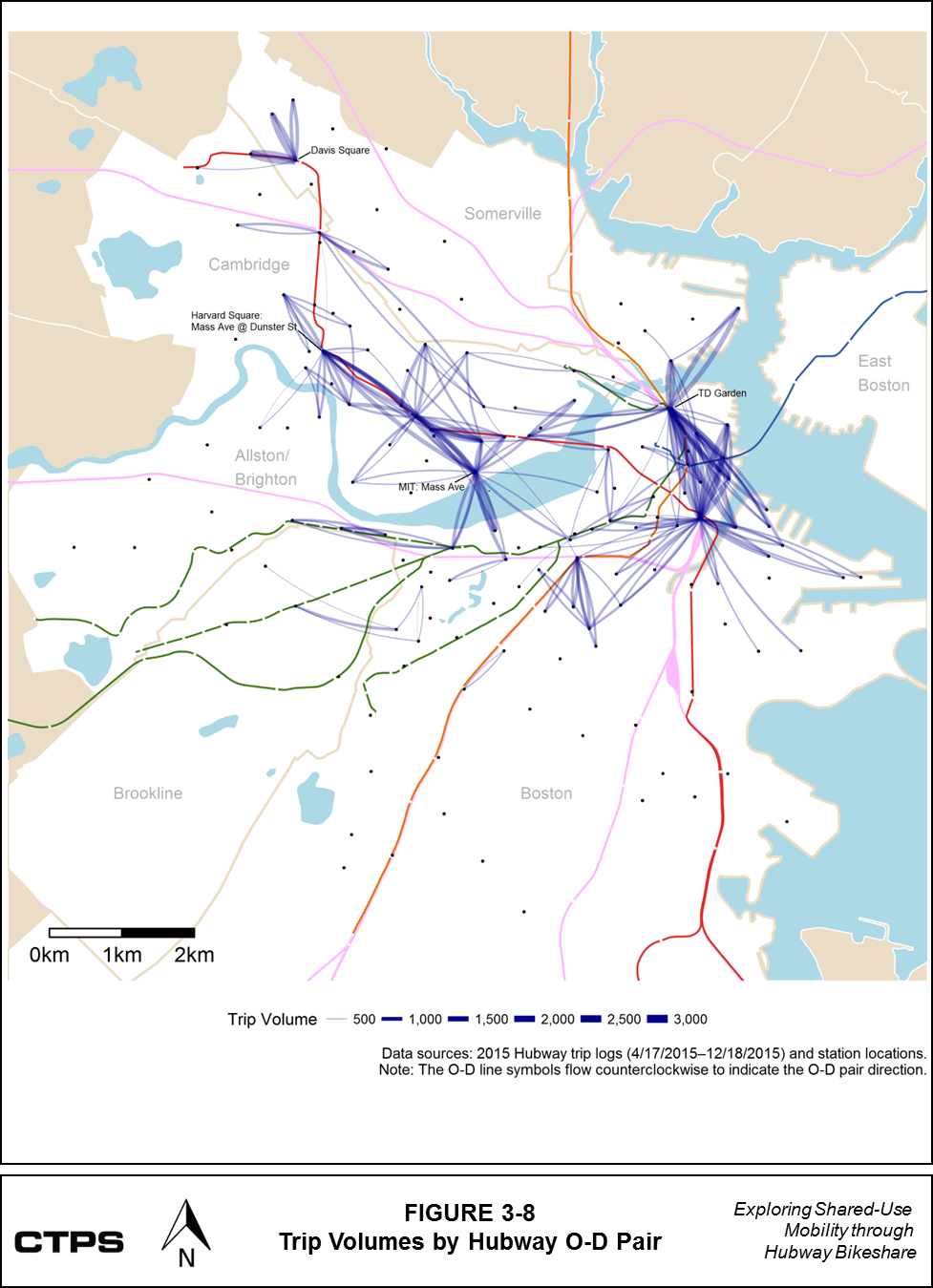 FIGURE 3-8: Trip Volumes by Hubway O-D Pair: This map shows Hubway trip origin-destination (O-D) pairs identified in Hubway trip data, categorized by trip volume. These origin-destination pairs are based on trips taken between April 17, 2015 and December 18, 2015.